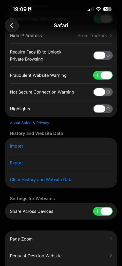 Safari settings screen on iPhone showing options like fraudulent website warning and clear history and website data