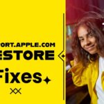 Support.apple.com restore fixes guide with a woman using headphones at a computer setup.
