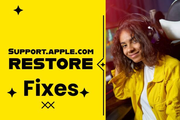 Support.apple.com restore fixes guide with a woman using headphones at a computer setup.