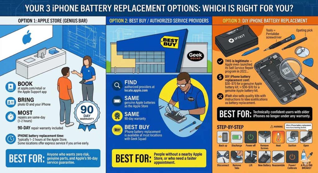 iPhone battery replacement options Apple Store vs authorized service providers vs DIY guide 2026