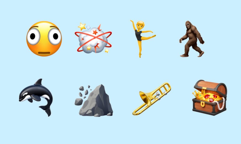 New emoji characters in iOS 26.4 Beta 4 including shocked face, ballerina, bigfoot, orca, rock, trombone, and treasure chest