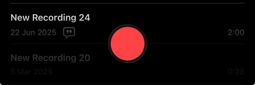 iPhone Voice Memos app showing list of recordings with red record button