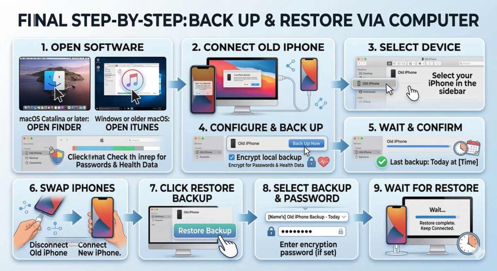 backup and restore iphone using finder or itunes to transfer data to new iphone