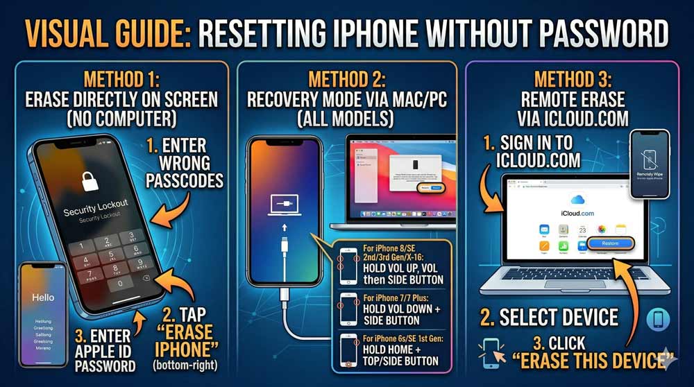 Infographic showing three ways to reset iPhone without password using recovery mode, iCloud, and erase option