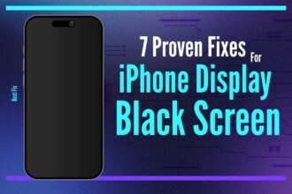 Banner showing 7 proven fixes for iPhone display black screen with modern iPhone illustration and bold typography