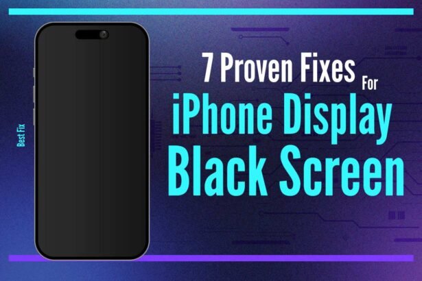 Banner showing 7 proven fixes for iPhone display black screen with modern iPhone illustration and bold typography