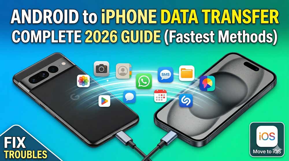 Android to iPhone data transfer guide 2026 showing apps, photos, and files migration