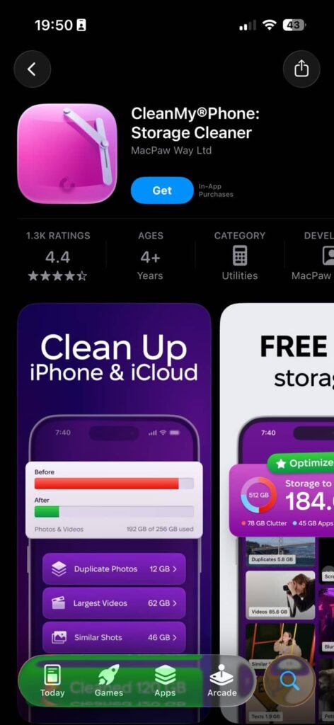 CleanMyPhone app interface showing before and after storage cleanup and large file management on iPhone