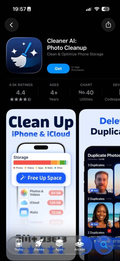 Cleaner AI app showing duplicate photo detection and storage cleanup on iPhone