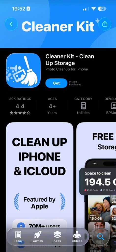 Cleaner Kit app interface showing storage cleanup, duplicate photos removal and large file management on iPhone