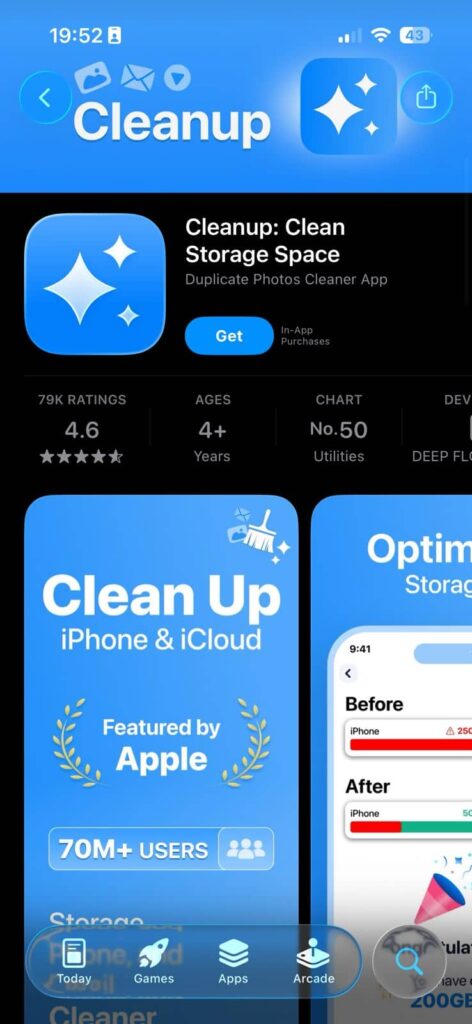 Cleanup app interface showing storage optimization and 70M users with iPhone cleaner tools