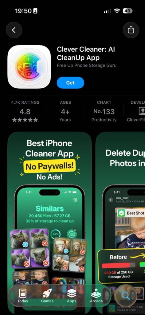 Clever Cleaner app showing similar photos cleanup and storage optimization without ads or paywalls