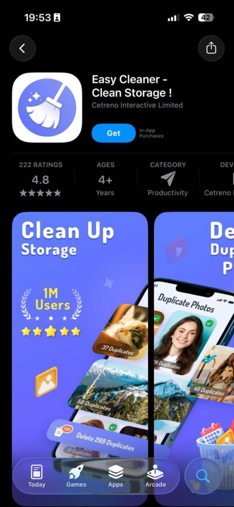 Easy Cleaner app interface showing duplicate photos cleanup and storage optimization on iPhone