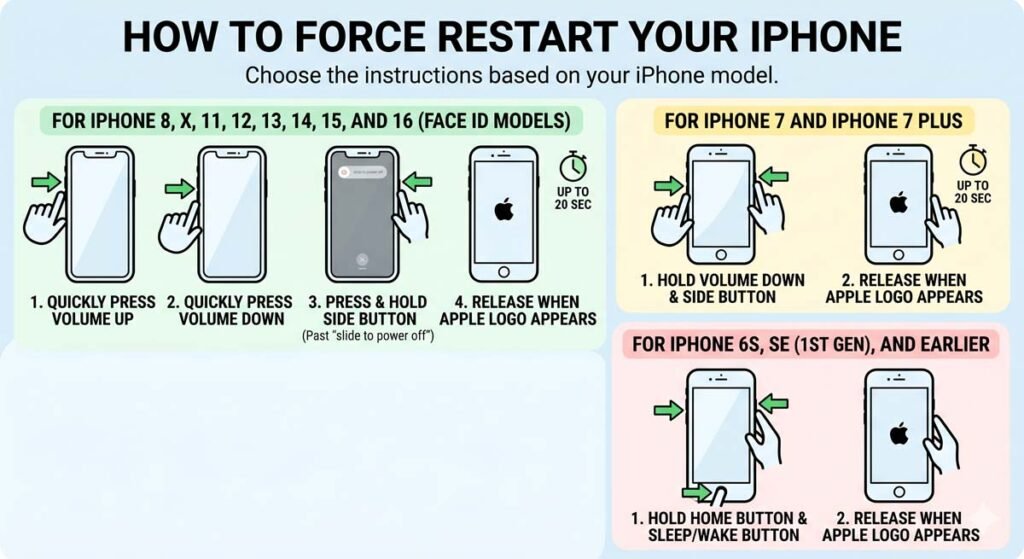 Step-by-step guide to fix iPhone display black screen using force restart for iPhone 8, X, 11, 12, 13, 14, 15, 16, 7, and older models