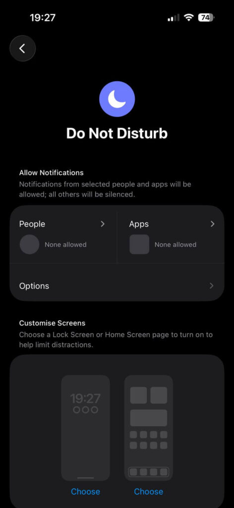 Do Not Disturb settings on iPhone showing Focus mode options and notification controls