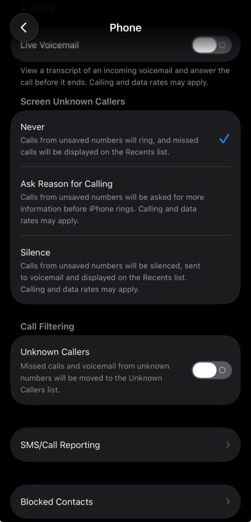 how to silence unknown callers on iphone settings screen unknown callers ios 26