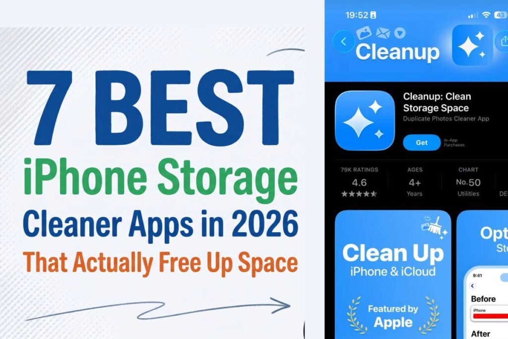 7 best iPhone storage cleaner apps in 2026 showing cleanup app interface and storage optimization tools