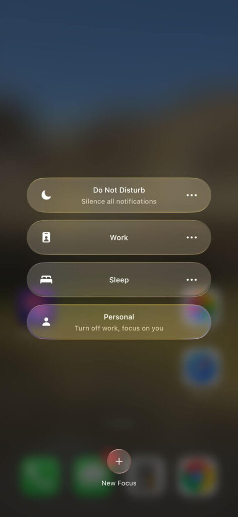 iPhone Control Center showing Focus options including Do Not Disturb, Work, Sleep, and Personal