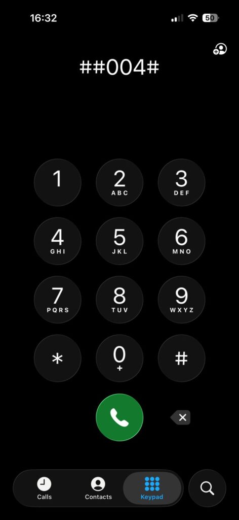 An iPhone dial pad screen showing the ##004# MMI code entered, which is commonly used to disable call forwarding and voicemail services on supported carriers. This method helps users stop calls from going directly to voicemail.