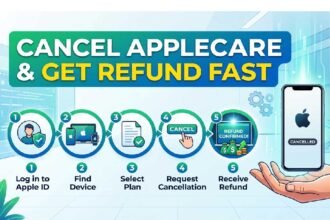 Infographic showing 5 simple steps to cancel AppleCare and get refund fast in 2026: 1. Log in to Apple ID, 2. Find Device, 3. Select Plan, 4. Request Cancellation, 5. Receive Refund. Visual guide for AppleCare return policy.