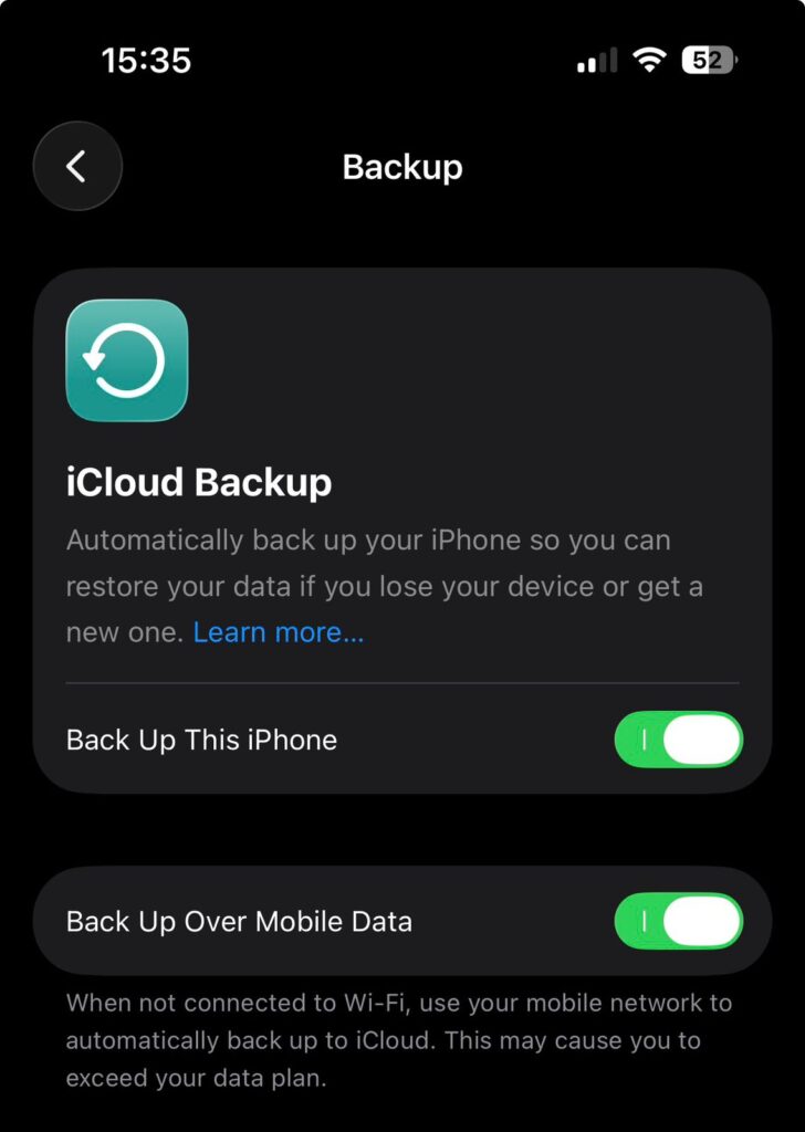iCloud backup screen on iPhone showing backup toggle enabled