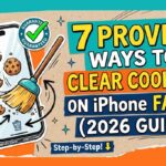 iPhone clearing cookies with broom illustration showing how to clear Safari cookies quickly on iPhone