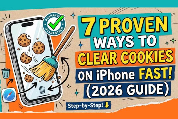 iPhone clearing cookies with broom illustration showing how to clear Safari cookies quickly on iPhone