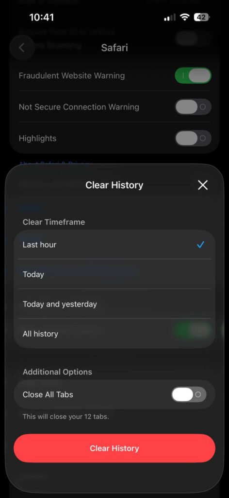 iPhone Safari clear history popup showing options like last hour today and all history