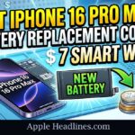 iPhone 16 Pro Max battery replacement cost reduction tips with new battery illustration and savings icons