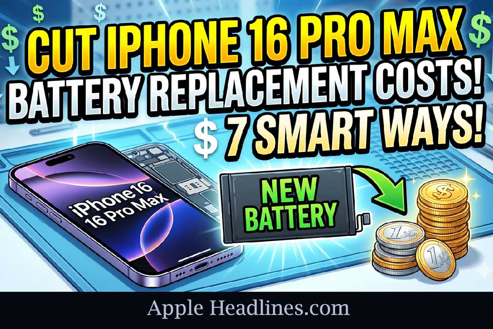 iPhone 16 Pro Max battery replacement cost reduction tips with new battery illustration and savings icons