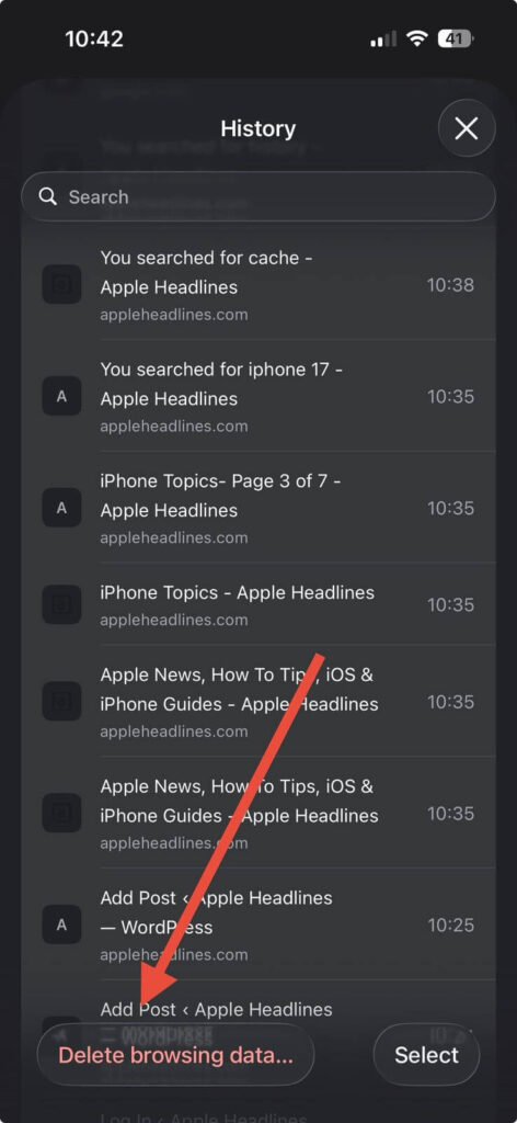 Chrome iPhone history screen with delete browsing data option highlighted