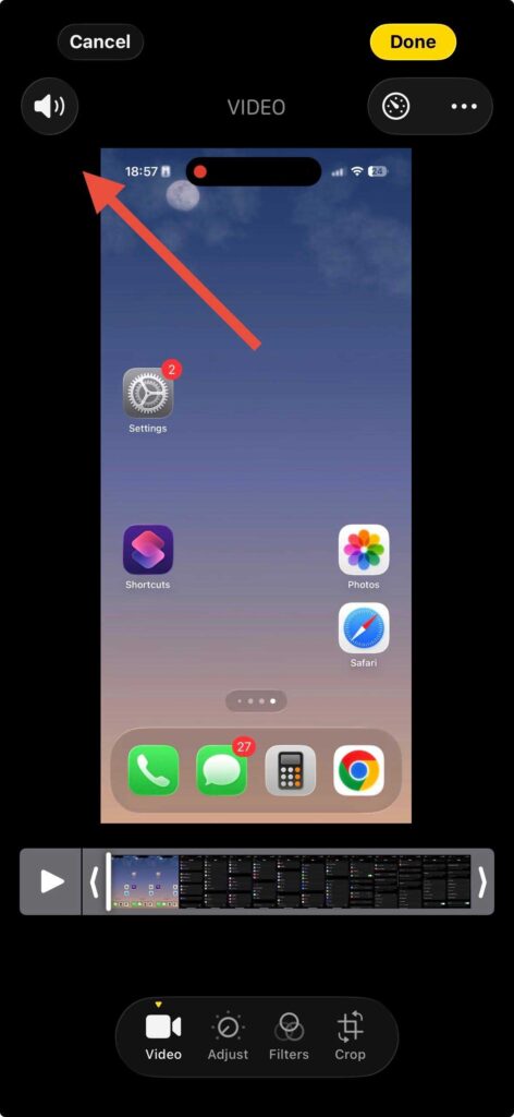 edit iphone video screen showing audio icon to mute sound
