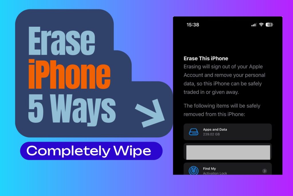 Illustration showing 5 ways to erase iPhone completely with erase iPhone option on screen