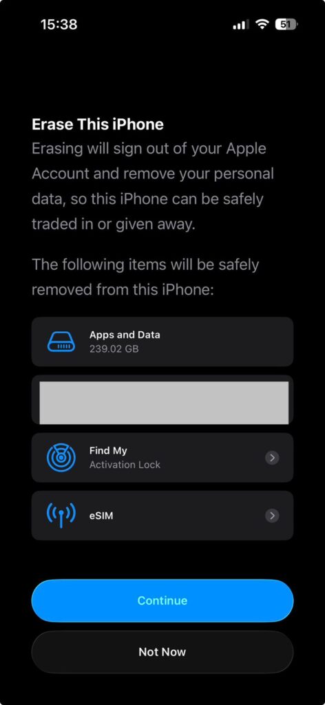 Erase This iPhone screen showing apps data and activation lock removal before reset