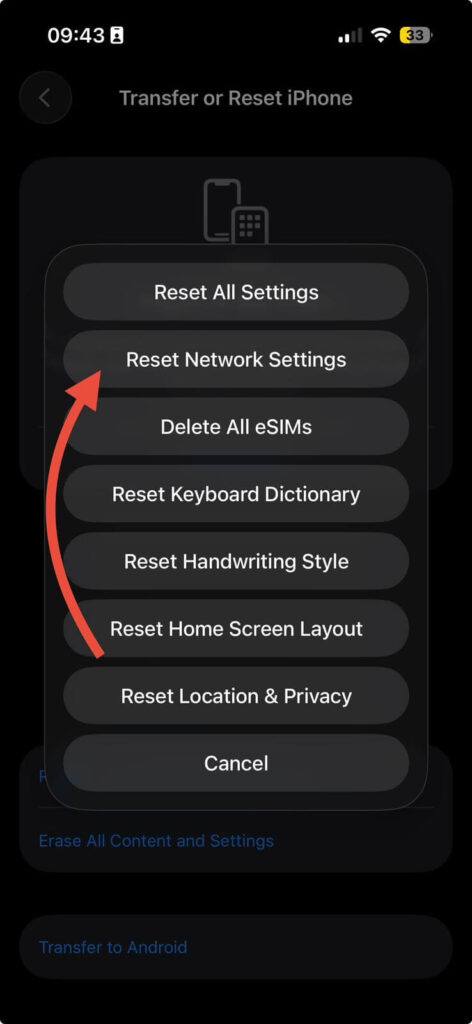 iPhone reset menu showing reset network settings option to fix battery draining fast problem