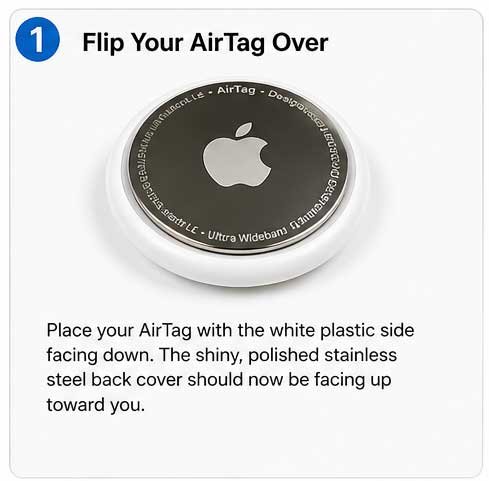 how to change airtag battery step 1 flip airtag stainless steel cover up