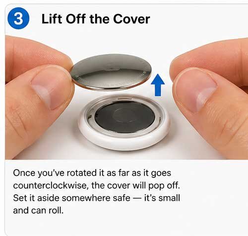 airtag battery cover removal step lift off stainless steel cap