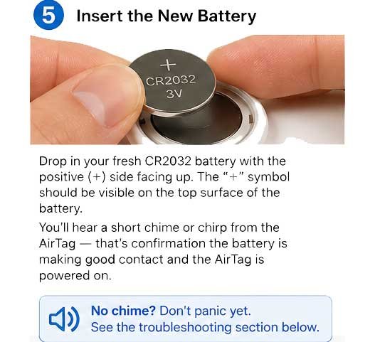 insert new CR2032 battery airtag positive side up