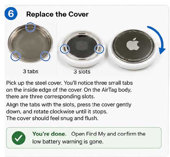 close airtag cover align tabs rotate clockwise battery replacement