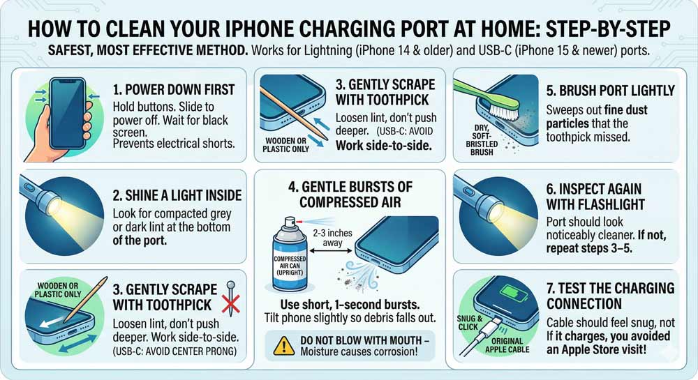 Step by step guide to clean iPhone charging port safely at home