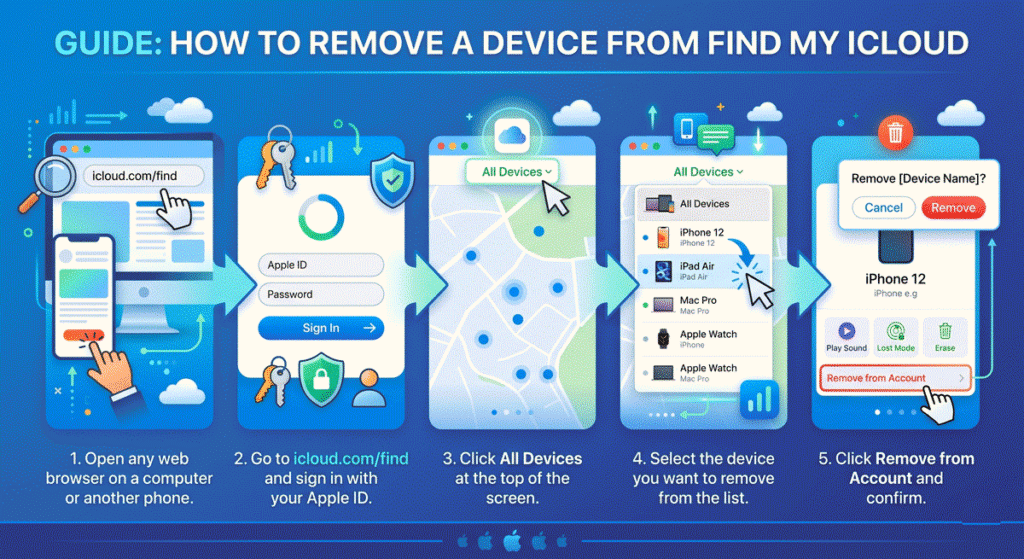 Step-by-step guide showing how to remove a device using Find My iCloud from a browser