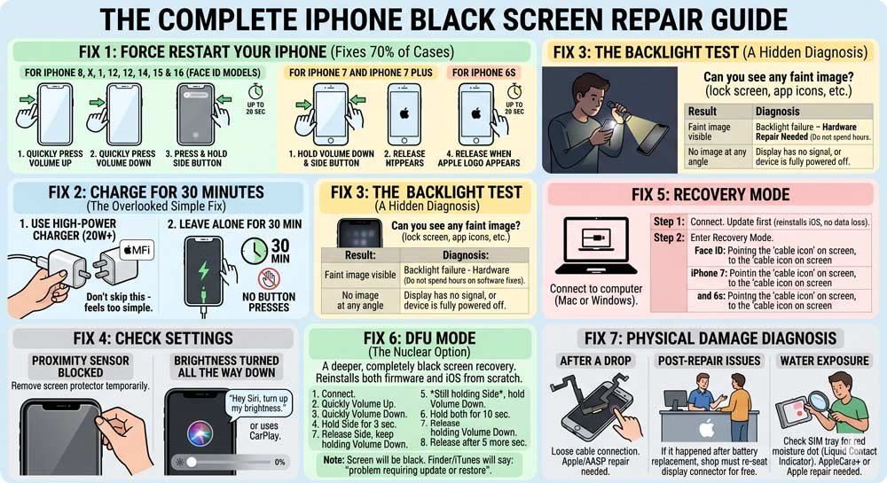 Infographic showing 7 proven fixes for iPhone display black screen including force restart, charging, recovery mode, DFU mode, and hardware diagnosis
