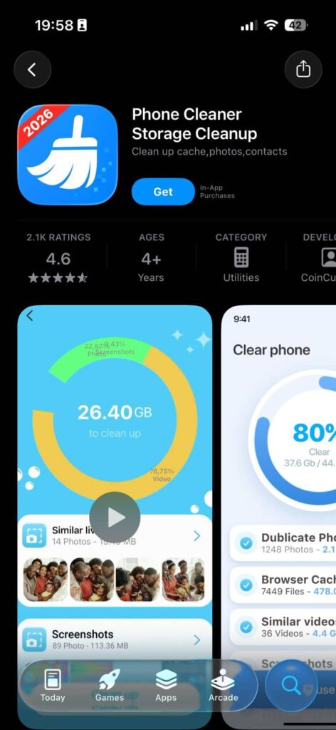iPhone storage cleaner app showing cleanup dashboard with 26.40GB space to clean and duplicate photos detection