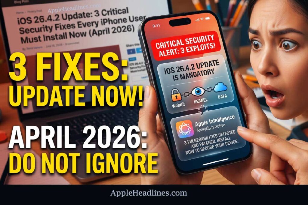 A young woman in shock looks at her iPhone, which displays a large red "CRITICAL SECURITY ALERT: 3 EXPLOITS!" notification for iOS 26.4.2. Urgent yellow text reads "UPDATE NOW!" with icons showing vulnerabilities in WebKit, Kernel, and Data.