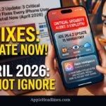 A young woman in shock looks at her iPhone, which displays a large red "CRITICAL SECURITY ALERT: 3 EXPLOITS!" notification for iOS 26.4.2. Urgent yellow text reads "UPDATE NOW!" with icons showing vulnerabilities in WebKit, Kernel, and Data.