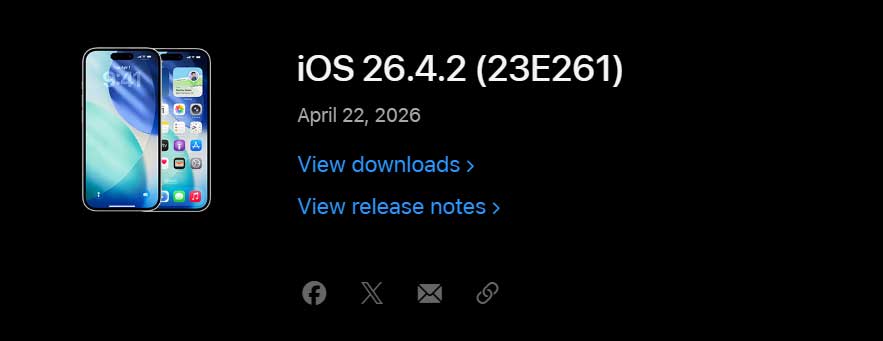 iOS 26.4.2 update version 23E261 release screen with download and release notes options on iPhone