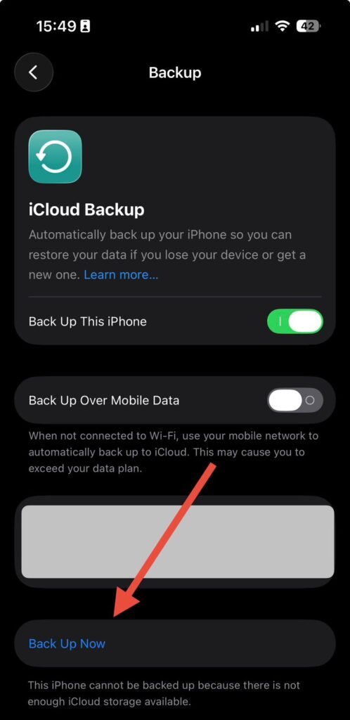 iPhone Back Up Now button in iCloud settings manual backup option