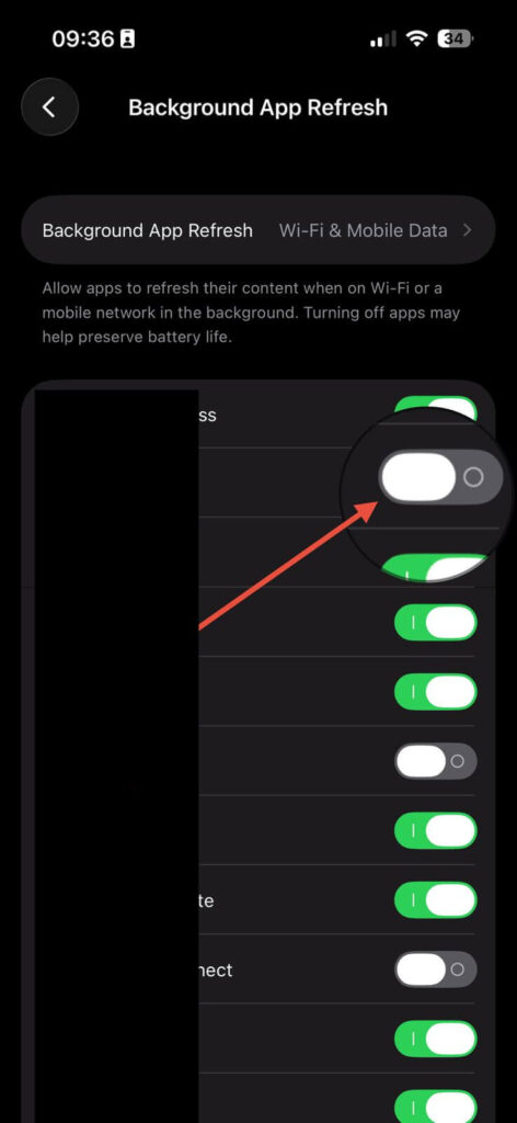 iPhone settings showing background app refresh turned off to prevent battery drain