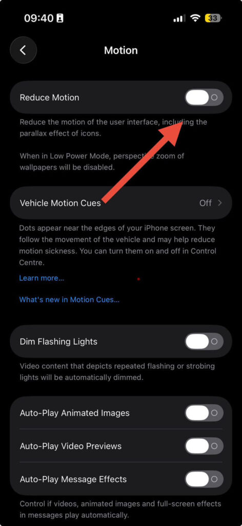 iPhone motion settings showing reduce motion option to improve battery performance