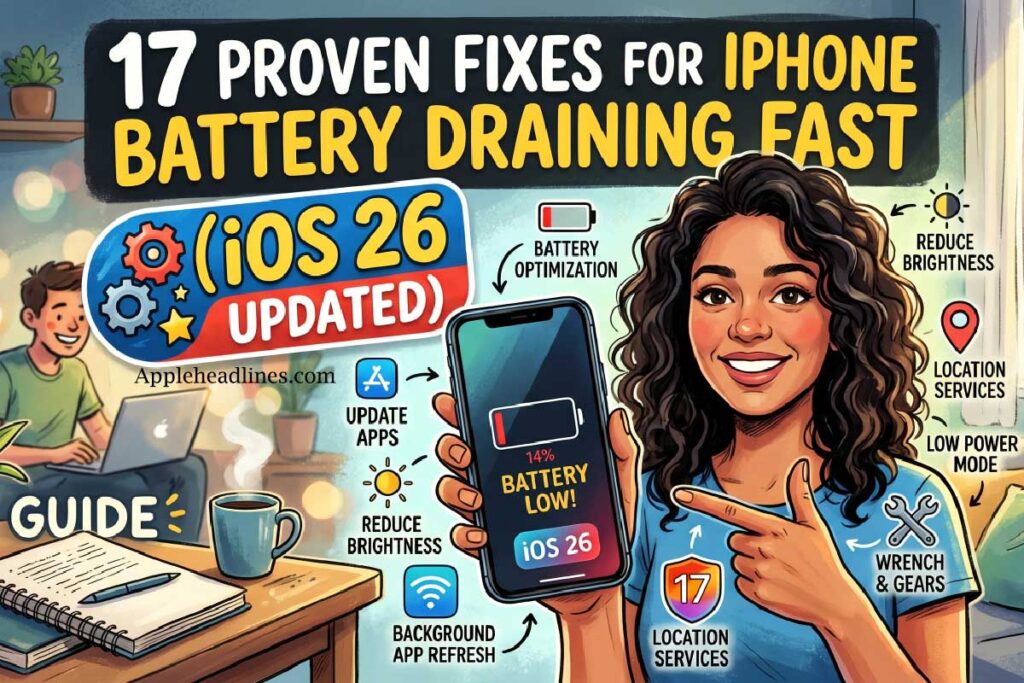 illustration showing iPhone battery draining fast with low battery warning and tips to fix battery issues in iOS 26